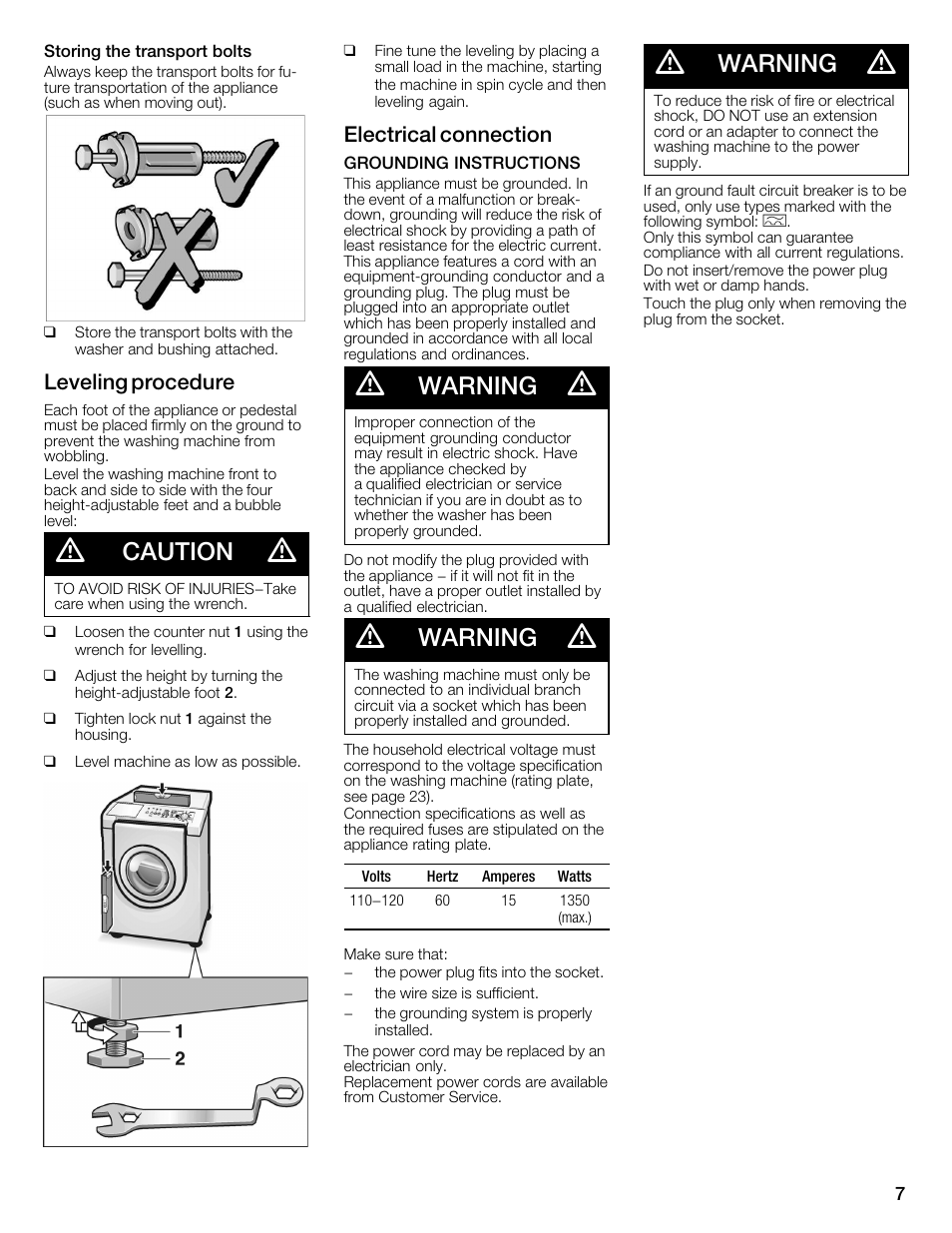 Caution, Warning, Leveling procedure | Electrical connection | Bosch WFMC2201UC User Manual | Page 7 / 80