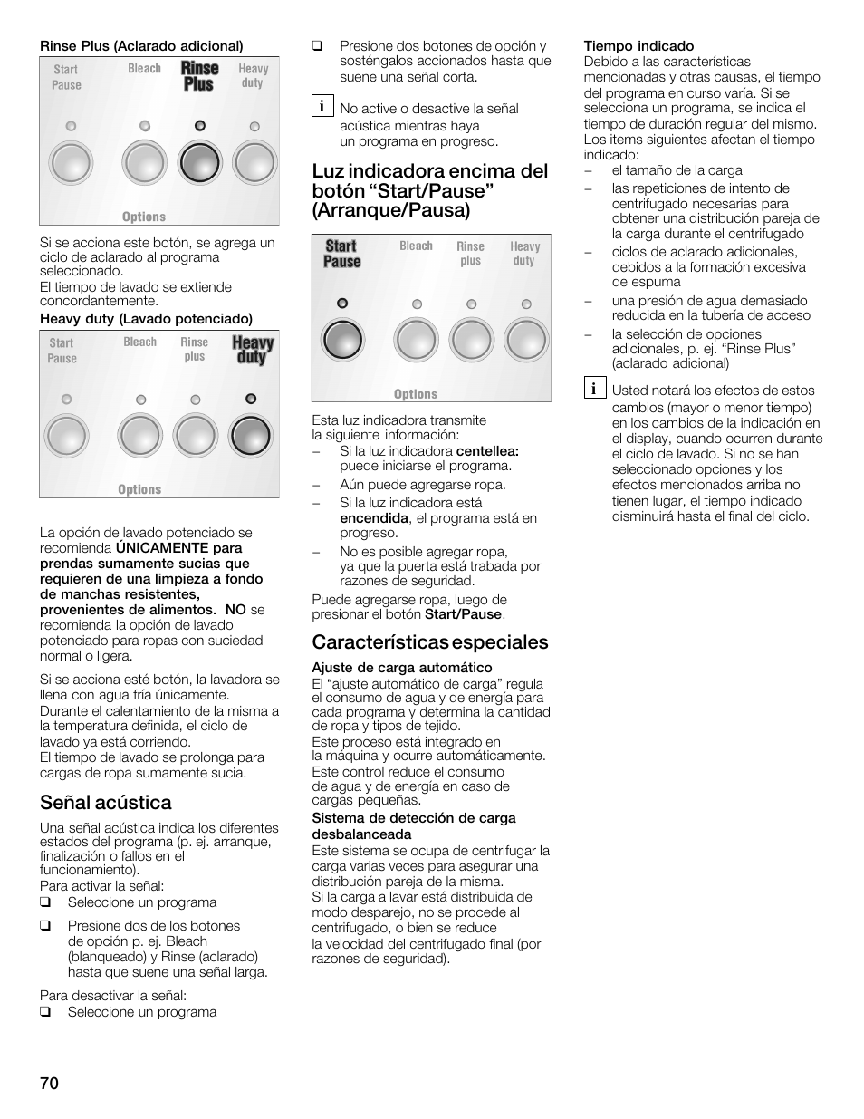 Señal acústica, Características especiales | Bosch WFMC2201UC User Manual | Page 70 / 80