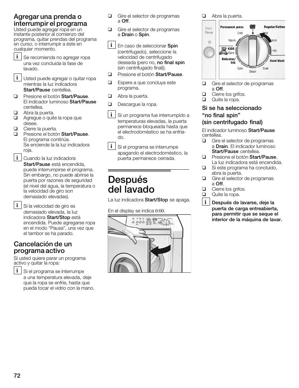 Después delălavado, Agregar una prenda o interrumpir el programa, Cancelación de un programa activo | Bosch WFMC2201UC User Manual | Page 72 / 80