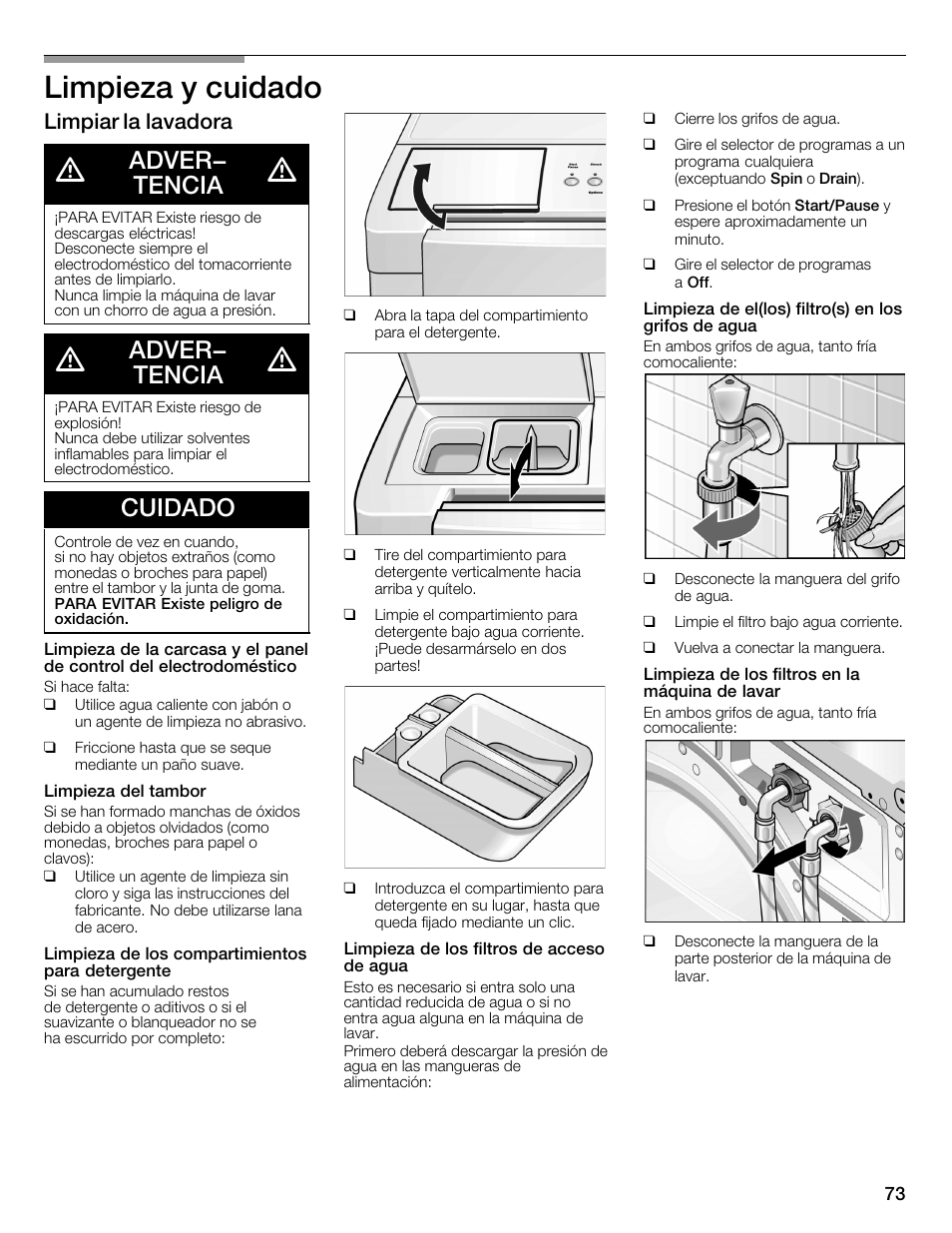 Limpieza y cuidado, Adver- tencia, Cuidado | Limpiar la lavadora | Bosch WFMC2201UC User Manual | Page 73 / 80