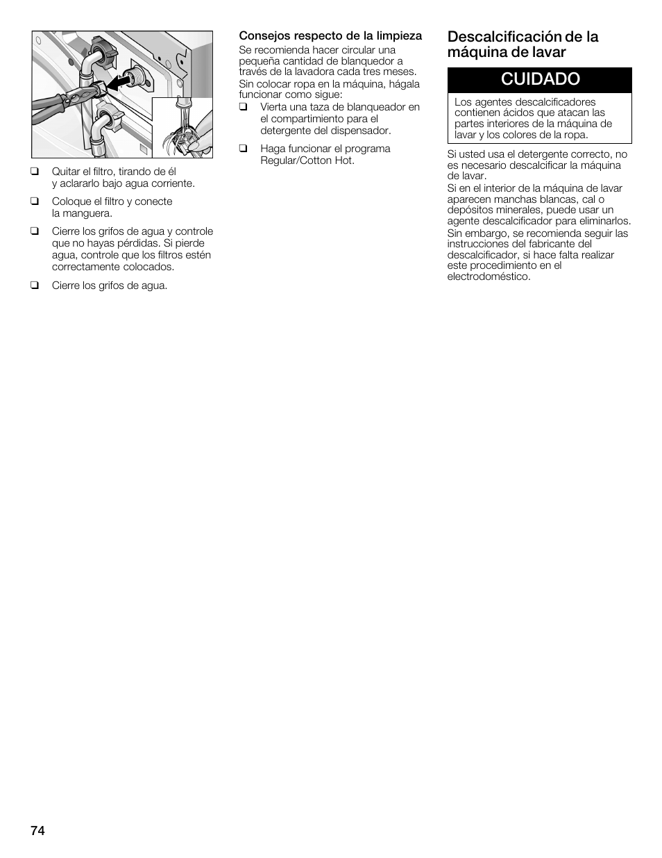 Cuidado, Descalcificación de la máquina de lavar | Bosch WFMC2201UC User Manual | Page 74 / 80