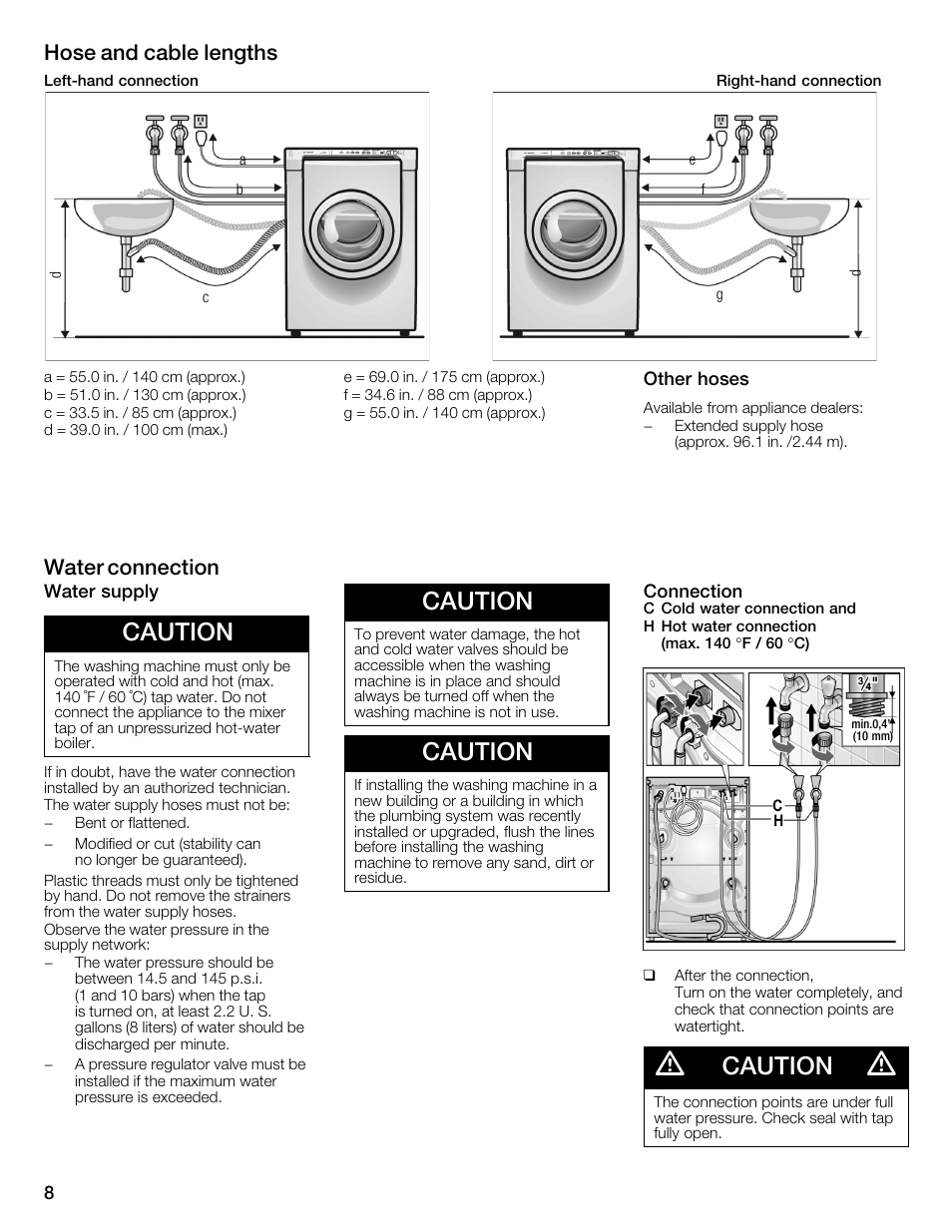 Caution, Hose and cable lengths, Water connection | Bosch WFMC2201UC User Manual | Page 8 / 80