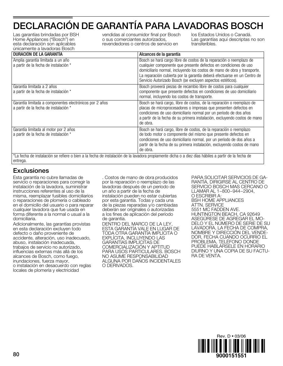 Declaración de garantía paraălavadoras bosch, Exclusiones | Bosch WFMC2201UC User Manual | Page 80 / 80