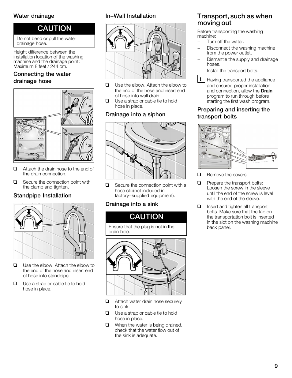 Caution, Transport, such as when moving out | Bosch WFMC2201UC User Manual | Page 9 / 80