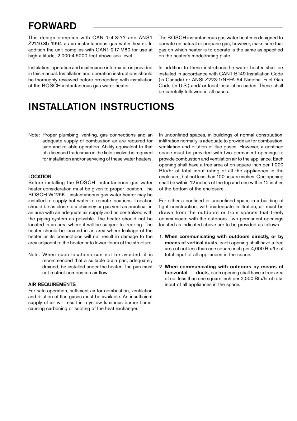 Forward, Installation instructions | Bosch W 125...T1 User Manual | Page 3 / 12