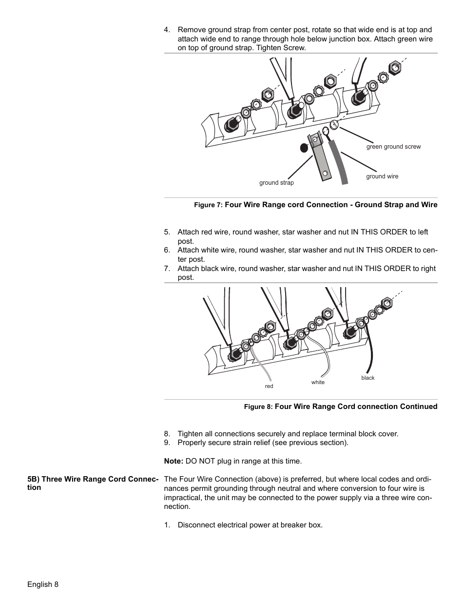 5b) three wire range cord connection, Disconnect electrical power at breaker box | Bosch HES7052U User Manual | Page 10 / 48