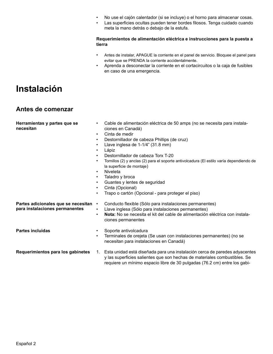 Instalación, Antes de comenzar, Herramientas y partes que se necesitan | Partes incluidas, Requerimientos para los gabinetes | Bosch HES7052U User Manual | Page 36 / 48