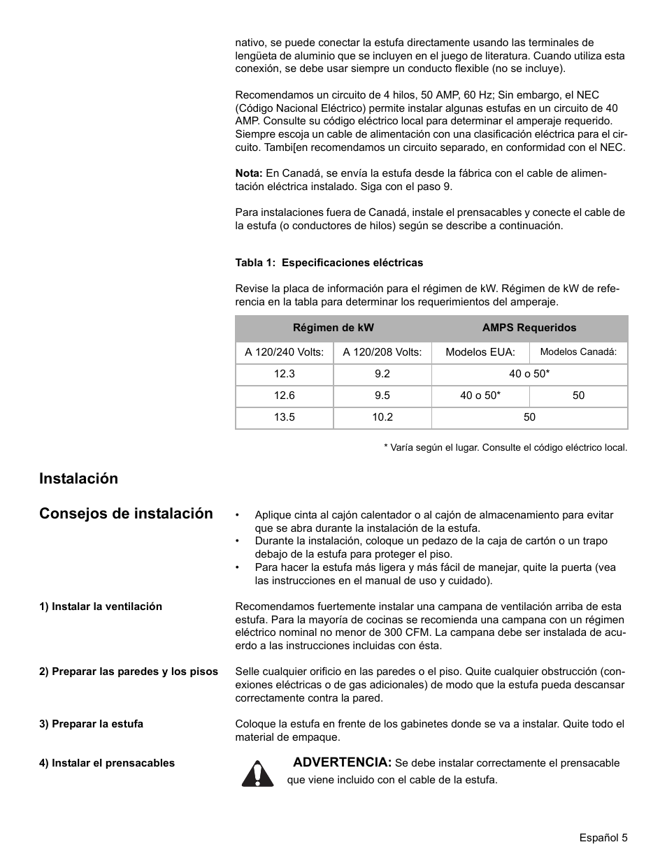 Tabla 1: especificaciones eléctricas, Instalación, Consejos de instalación | 1) instalar la ventilación, 2) preparar las paredes y los pisos, 3) preparar la estufa, 4) instalar el prensacables, Instalación consejos de instalación | Bosch HES7052U User Manual | Page 39 / 48