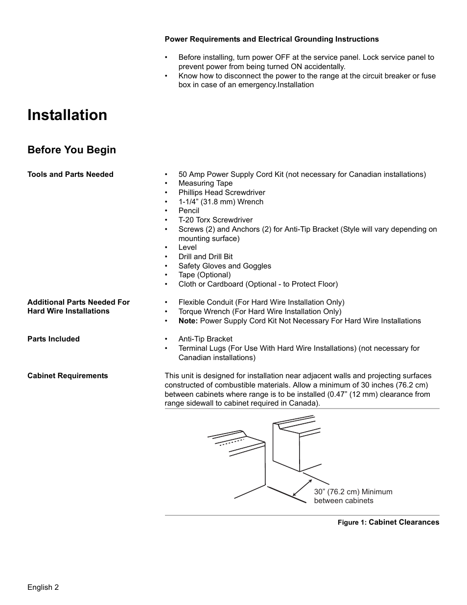 Installation, Before you begin, Tools and parts needed | Parts included, Cabinet requirements | Bosch HES7052U User Manual | Page 4 / 48