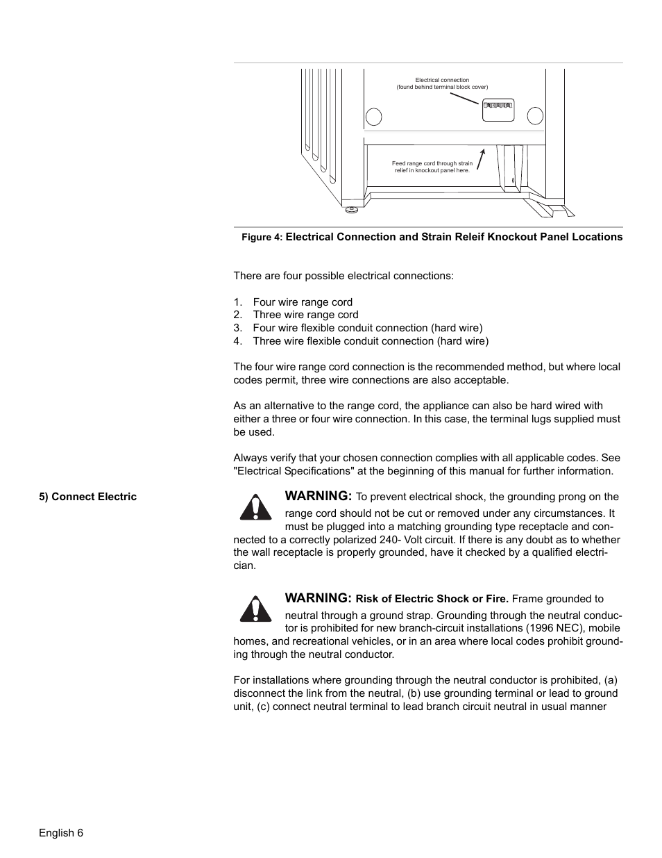 Four wire range cord, Three wire range cord, Four wire flexible conduit connection (hard wire) | Three wire flexible conduit connection (hard wire), 5) connect electric, Warning | Bosch HES7052U User Manual | Page 8 / 48