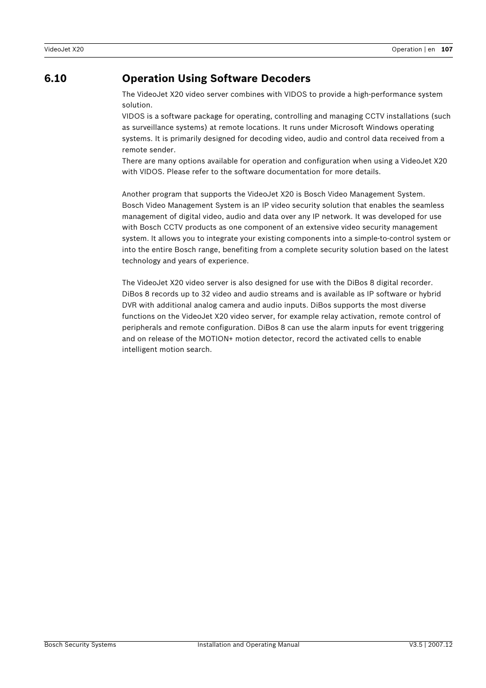10 operation using software decoders, Operation using software decoders | Bosch VIDEOJET X20 User Manual | Page 107 / 130