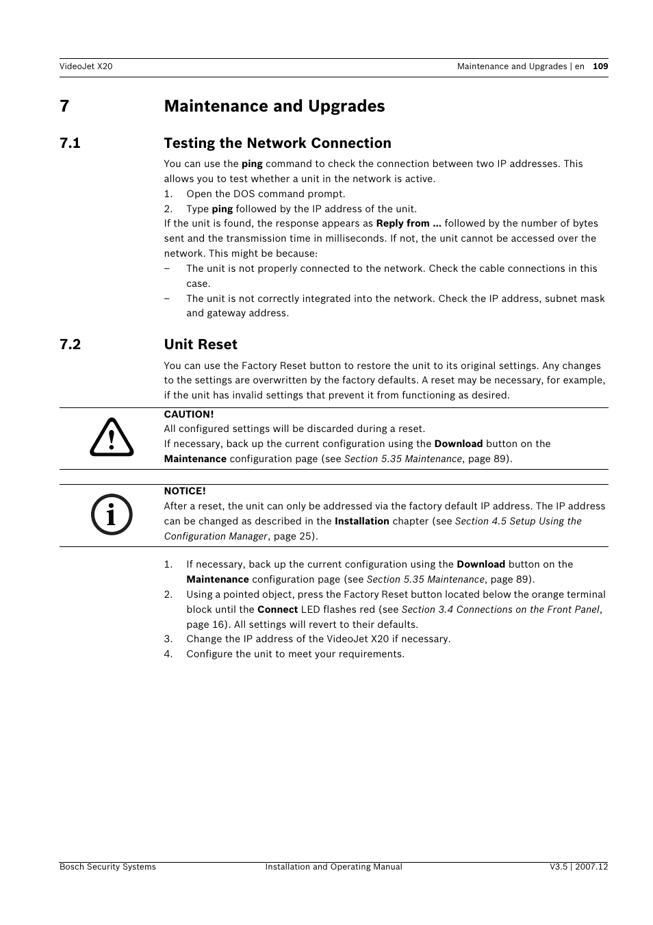 7 maintenance and upgrades, 1 testing the network connection, 2 unit reset | Maintenance and upgrades, Testing the network connection, Unit reset, 7maintenance and upgrades | Bosch VIDEOJET X20 User Manual | Page 109 / 130