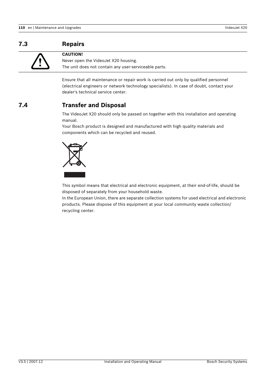 3 repairs, 4 transfer and disposal, Repairs | Transfer and disposal | Bosch VIDEOJET X20 User Manual | Page 110 / 130