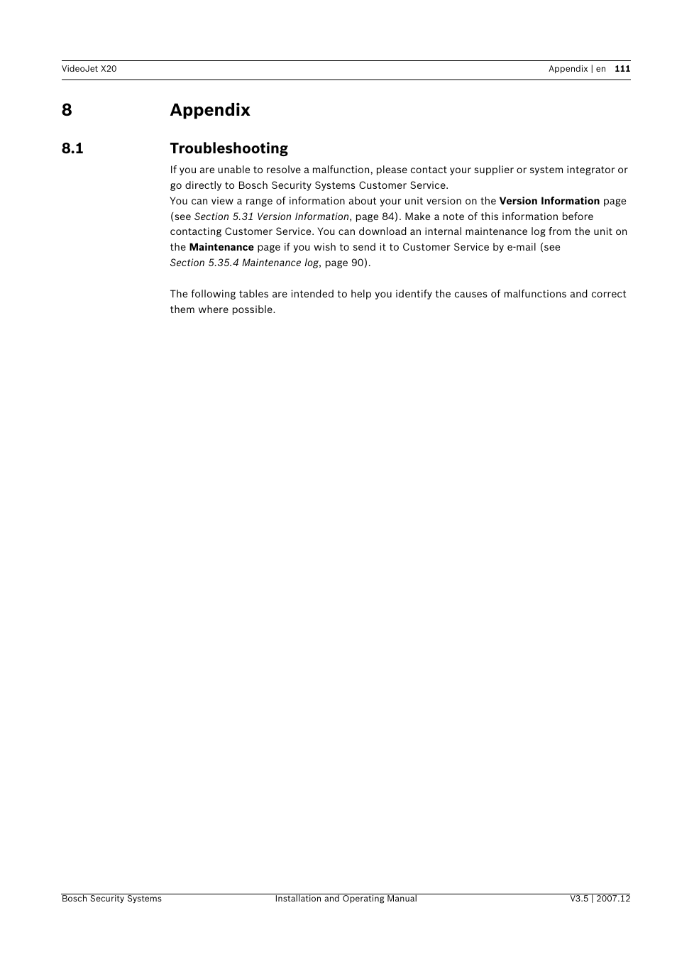 8 appendix, 1 troubleshooting, Appendix | Troubleshooting, 8appendix | Bosch VIDEOJET X20 User Manual | Page 111 / 130