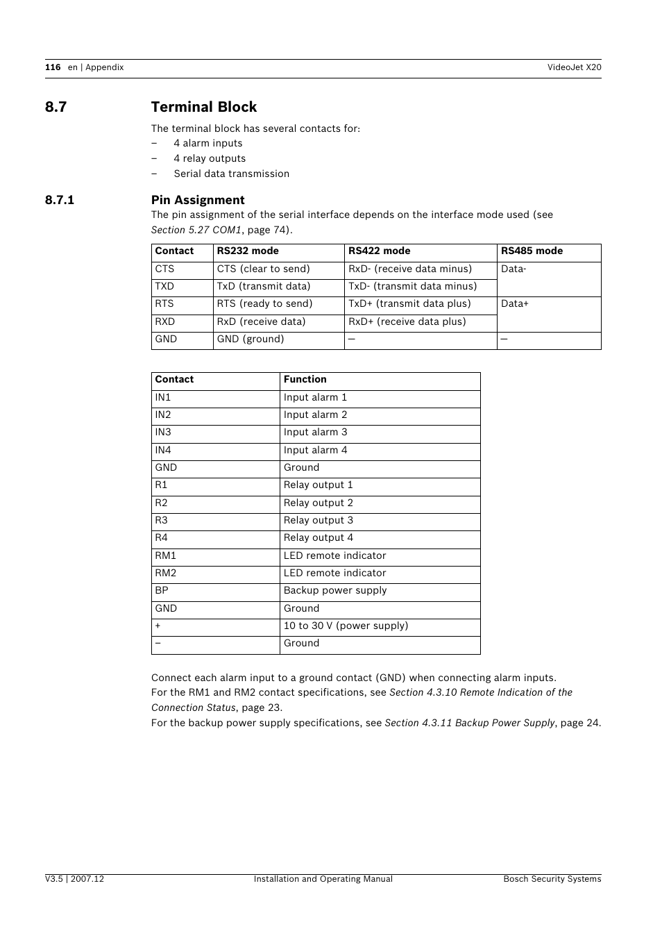 7 terminal block, Terminal block | Bosch VIDEOJET X20 User Manual | Page 116 / 130