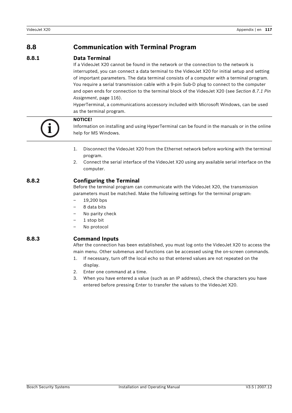 8 communication with terminal program, Communication with terminal program | Bosch VIDEOJET X20 User Manual | Page 117 / 130