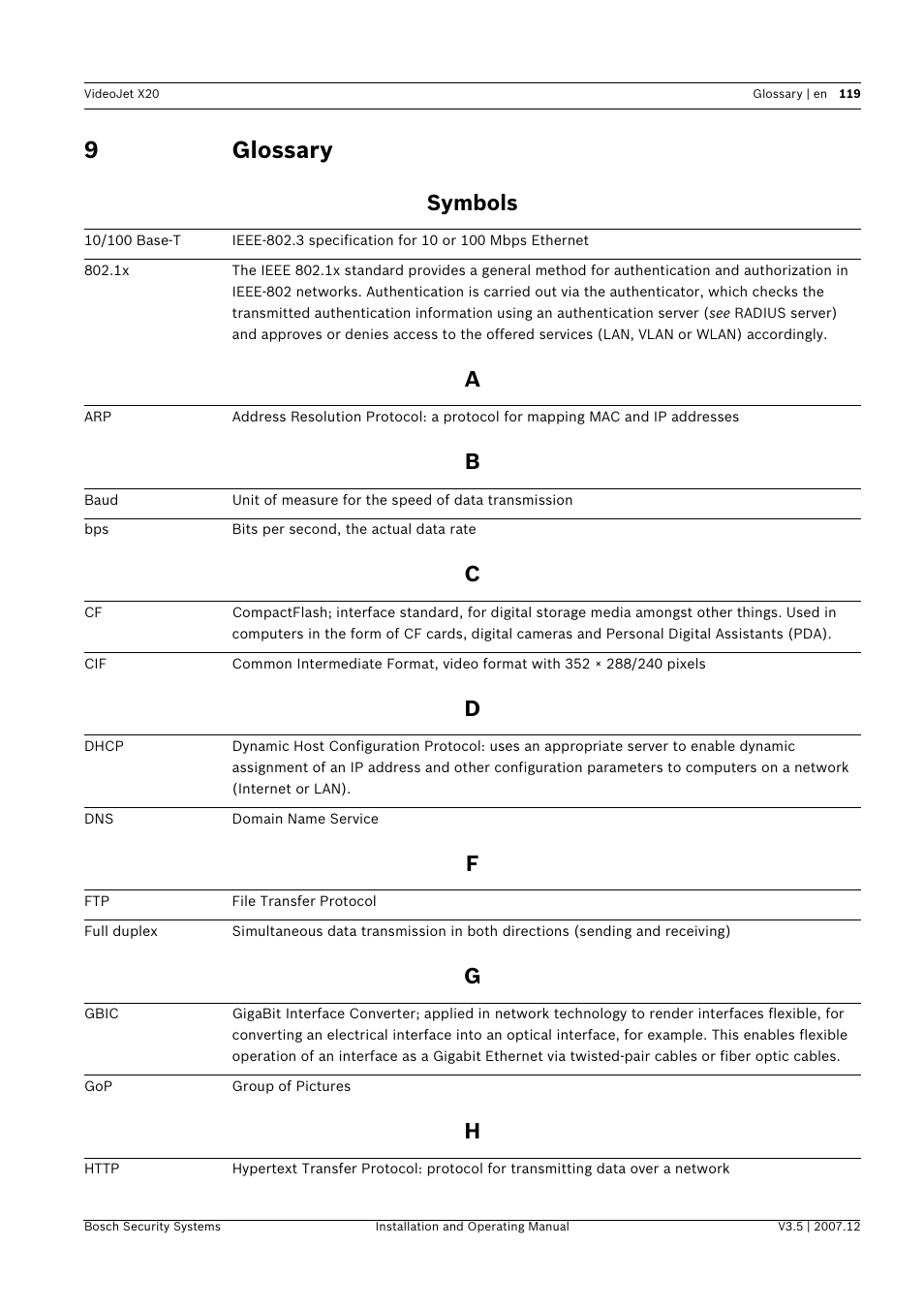 9 glossary, Glossary, 9glossary | Symbols | Bosch VIDEOJET X20 User Manual | Page 119 / 130