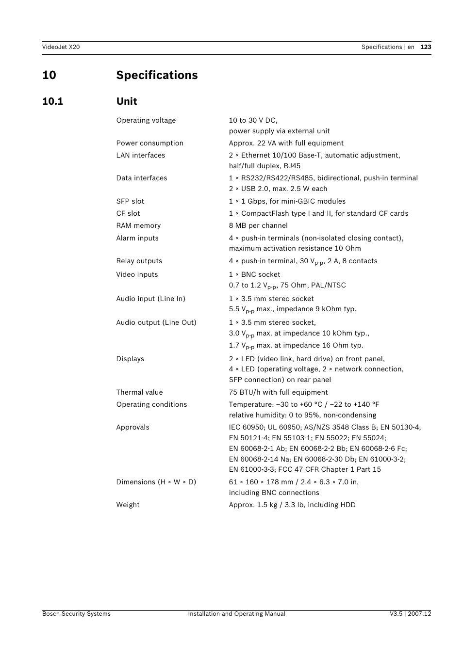 10 specifications, 1 unit, Specifications | Unit | Bosch VIDEOJET X20 User Manual | Page 123 / 130