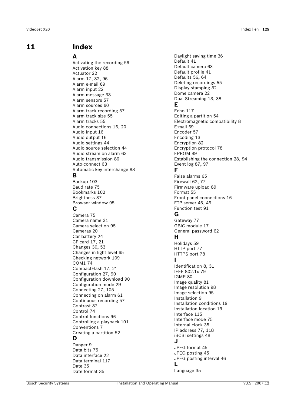 11 index, Index | Bosch VIDEOJET X20 User Manual | Page 125 / 130