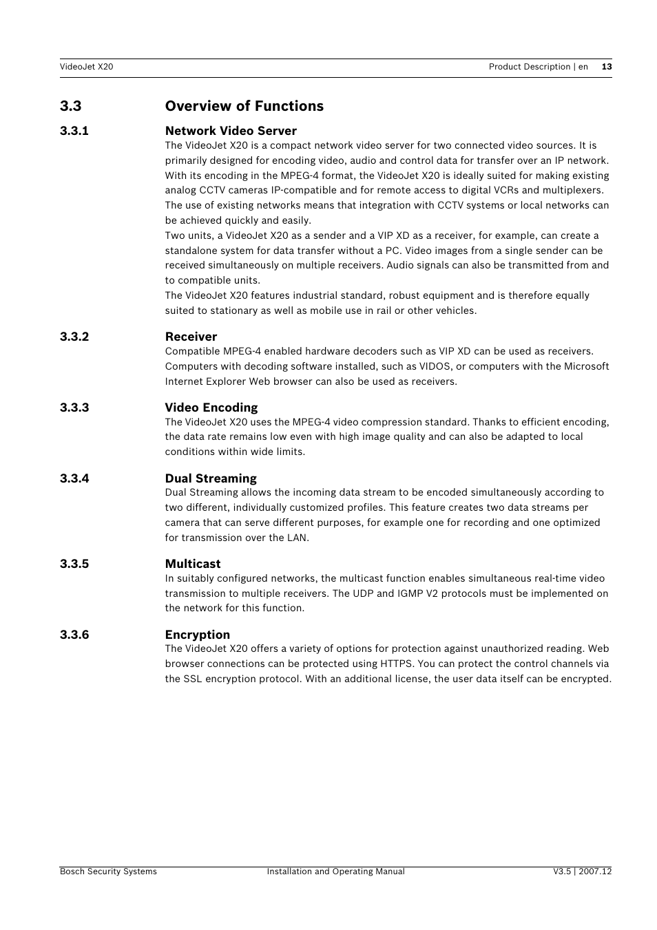 3 overview of functions, Overview of functions | Bosch VIDEOJET X20 User Manual | Page 13 / 130