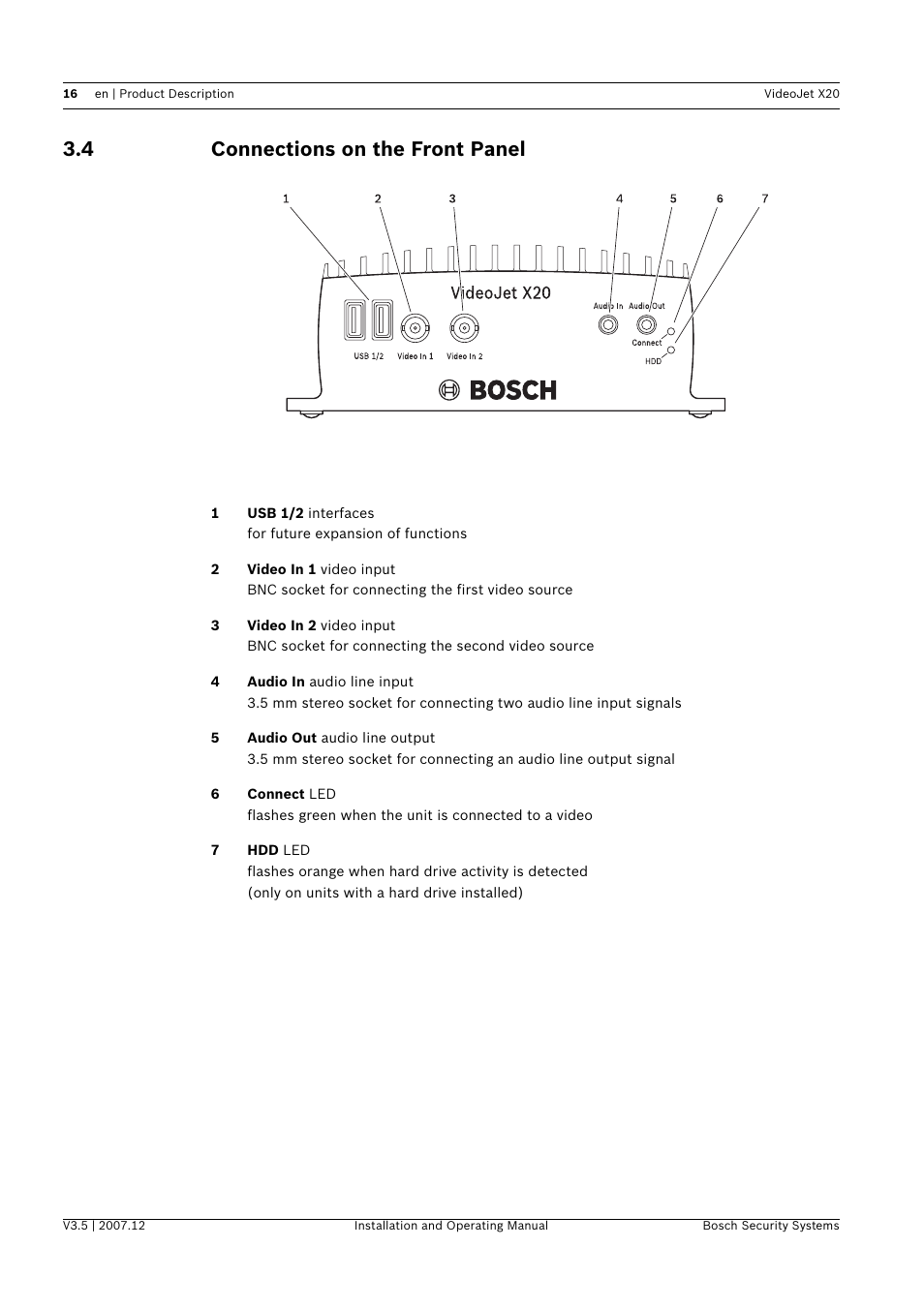 4 connections on the front panel, Connections on the front panel | Bosch VIDEOJET X20 User Manual | Page 16 / 130