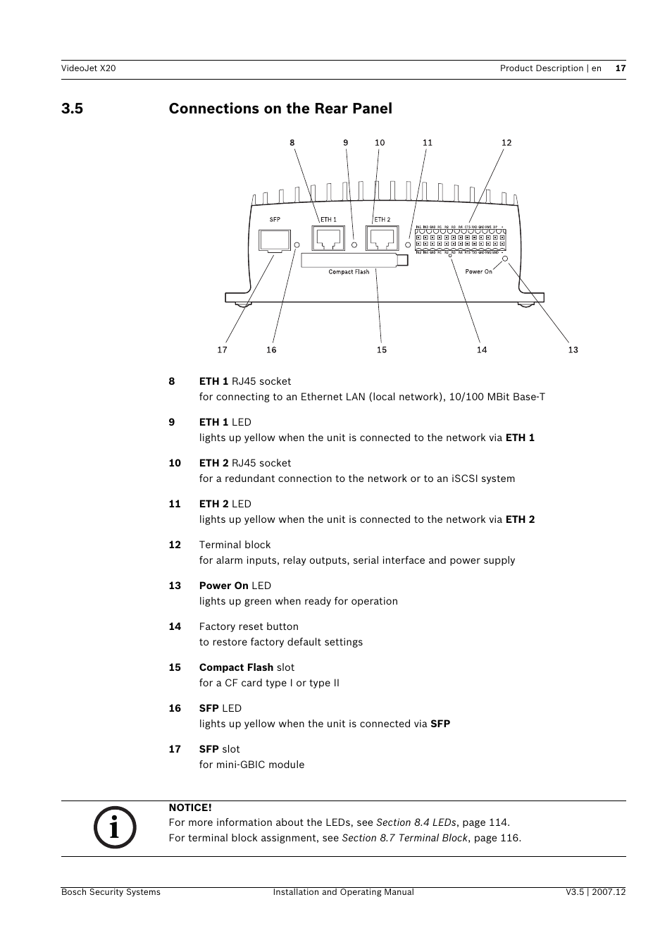 5 connections on the rear panel, Connections on the rear panel | Bosch VIDEOJET X20 User Manual | Page 17 / 130