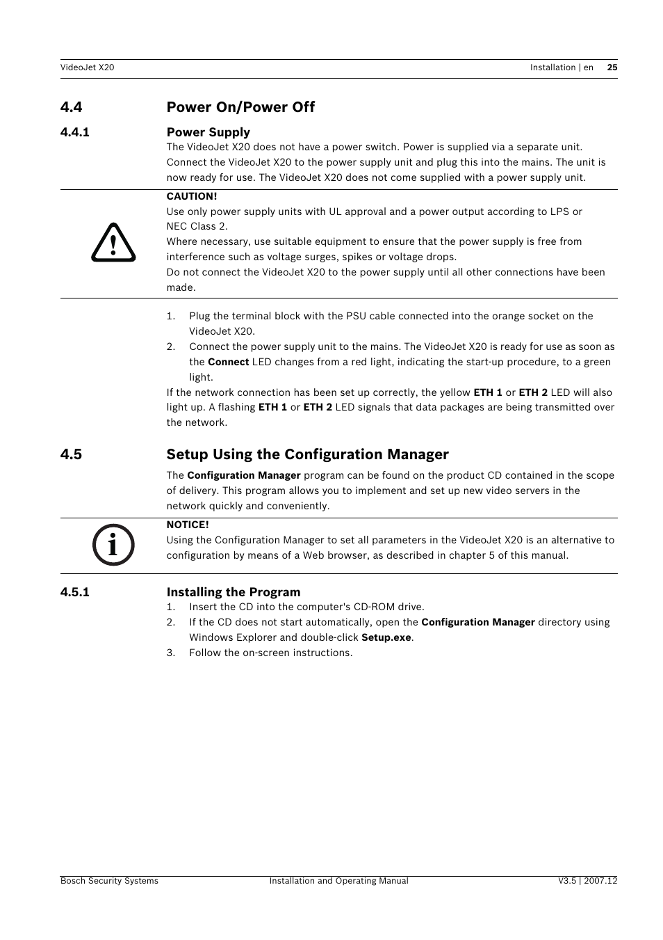 4 power on/power off, 5 setup using the configuration manager, Power on/power off | Setup using the configuration manager | Bosch VIDEOJET X20 User Manual | Page 25 / 130