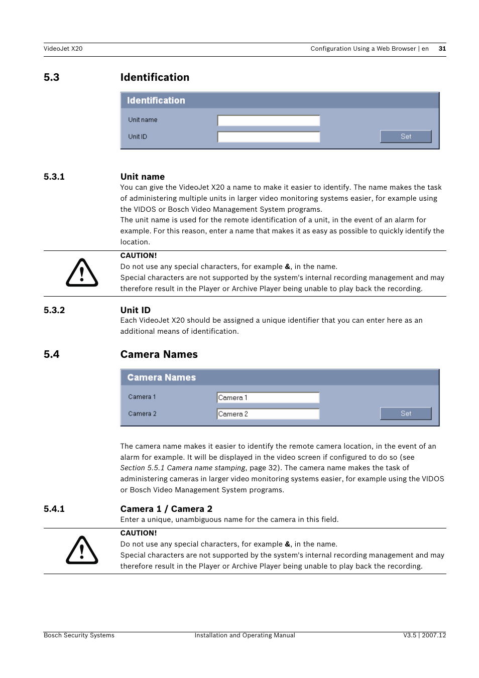 3 identification, 4 camera names, Identification | Camera names | Bosch VIDEOJET X20 User Manual | Page 31 / 130