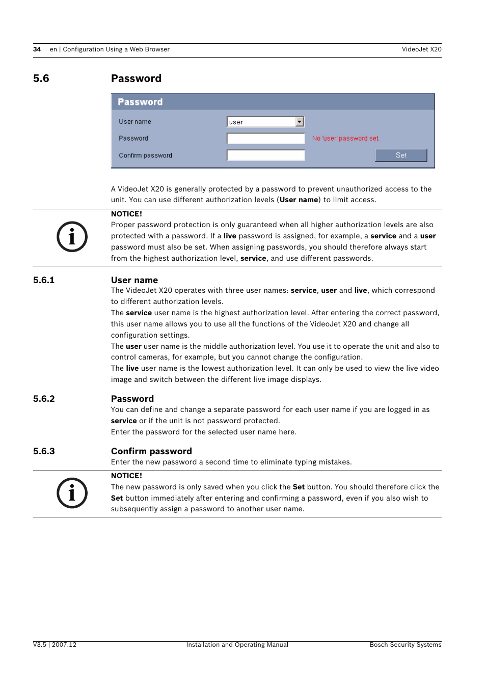 6 password, Password | Bosch VIDEOJET X20 User Manual | Page 34 / 130