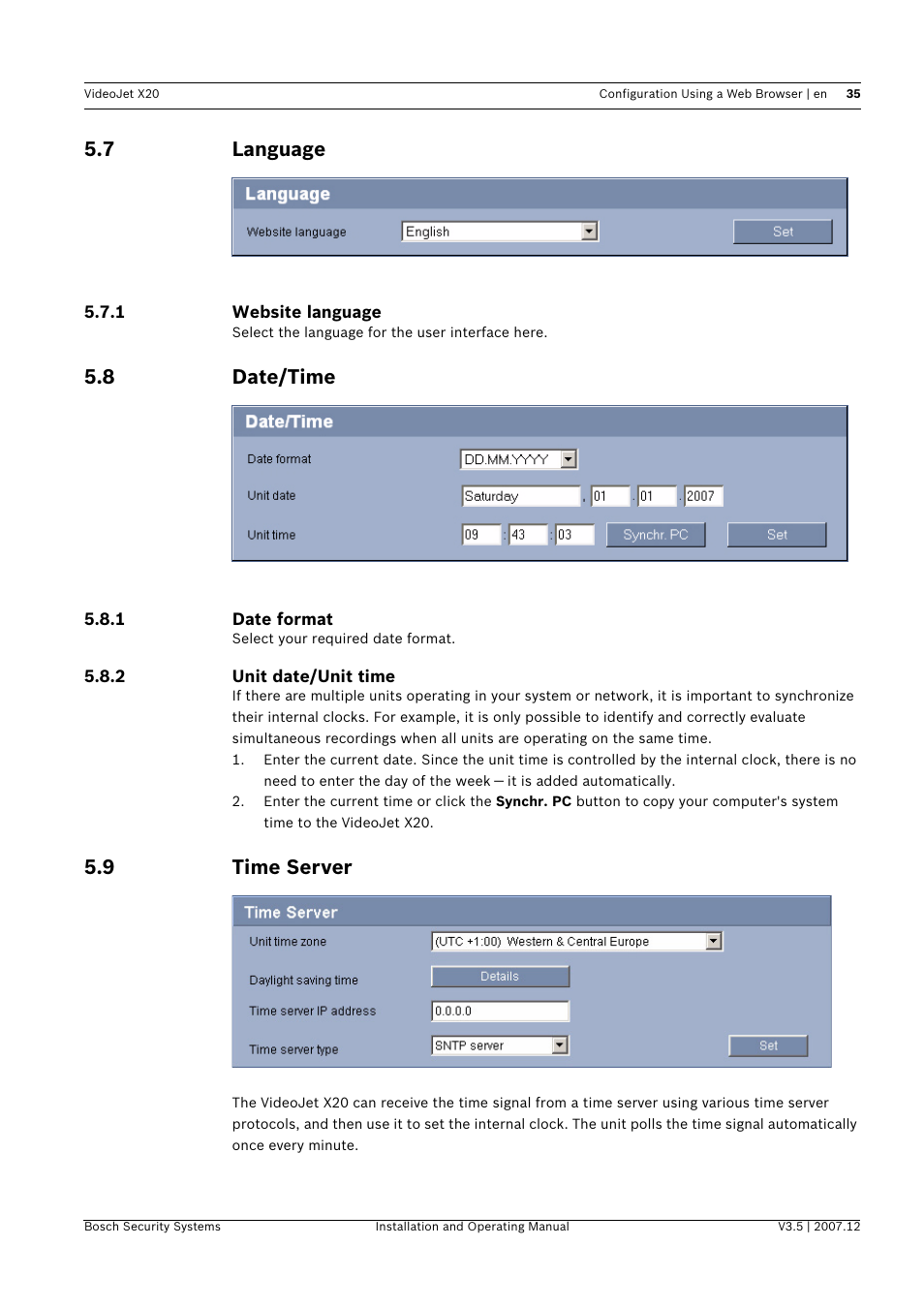 7 language, 8 date/time, 9 time server | Language, Date/time, Time server | Bosch VIDEOJET X20 User Manual | Page 35 / 130