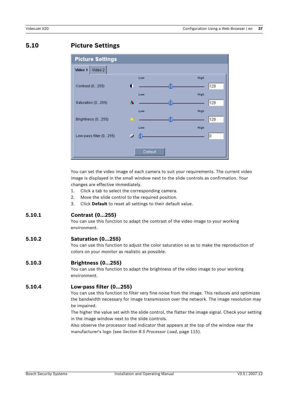 10 picture settings, Picture settings | Bosch VIDEOJET X20 User Manual | Page 37 / 130