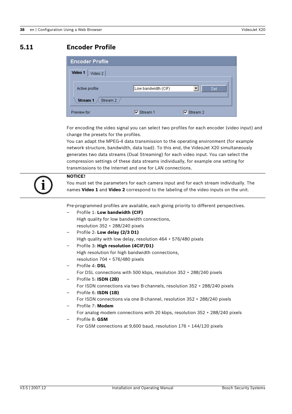 11 encoder profile, Encoder profile | Bosch VIDEOJET X20 User Manual | Page 38 / 130