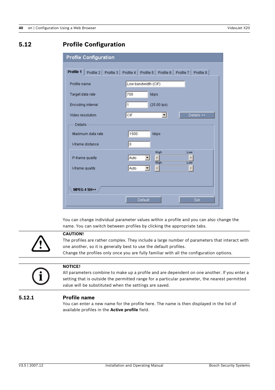 12 profile configuration, Profile configuration | Bosch VIDEOJET X20 User Manual | Page 40 / 130