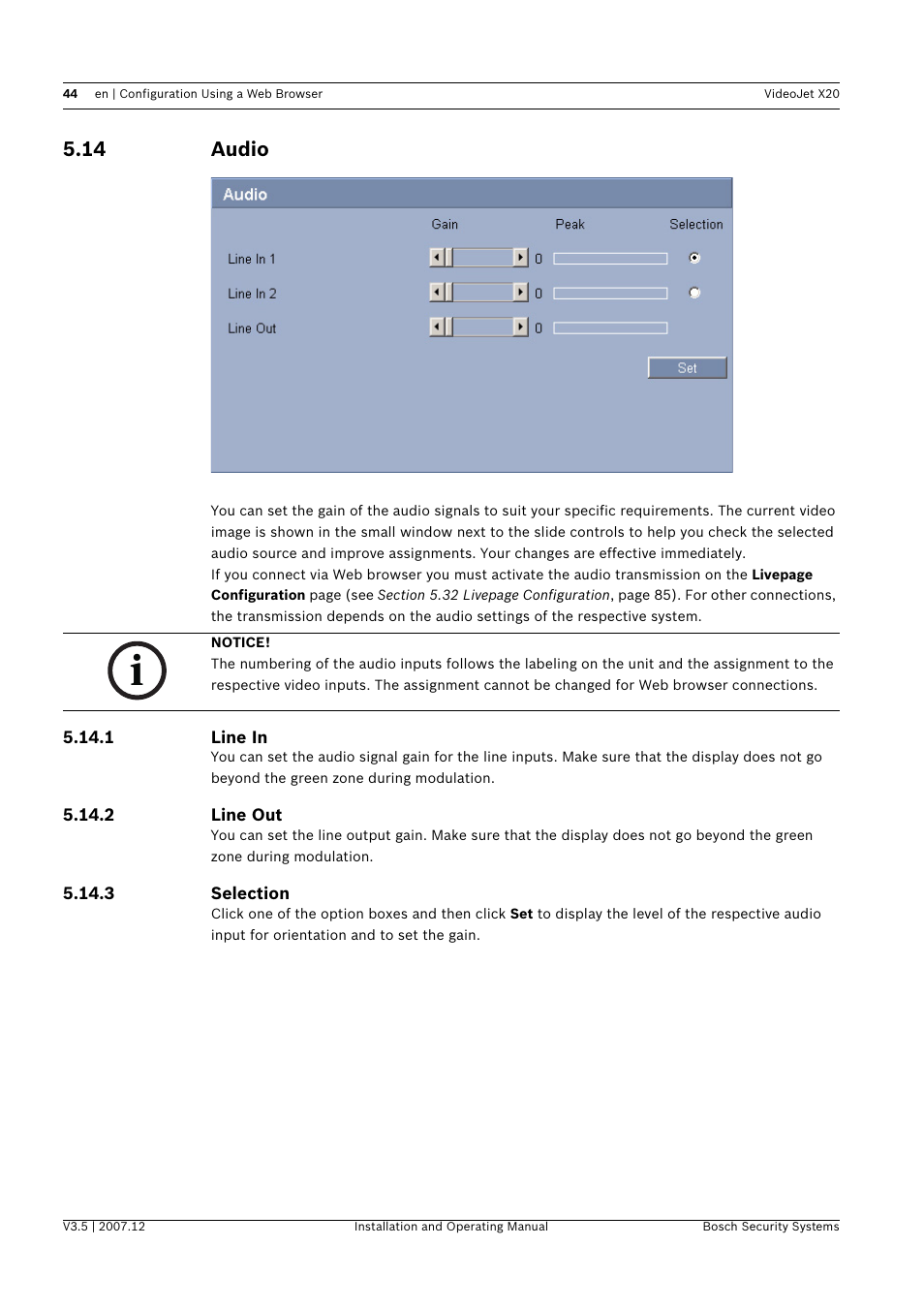 14 audio, Audio | Bosch VIDEOJET X20 User Manual | Page 44 / 130