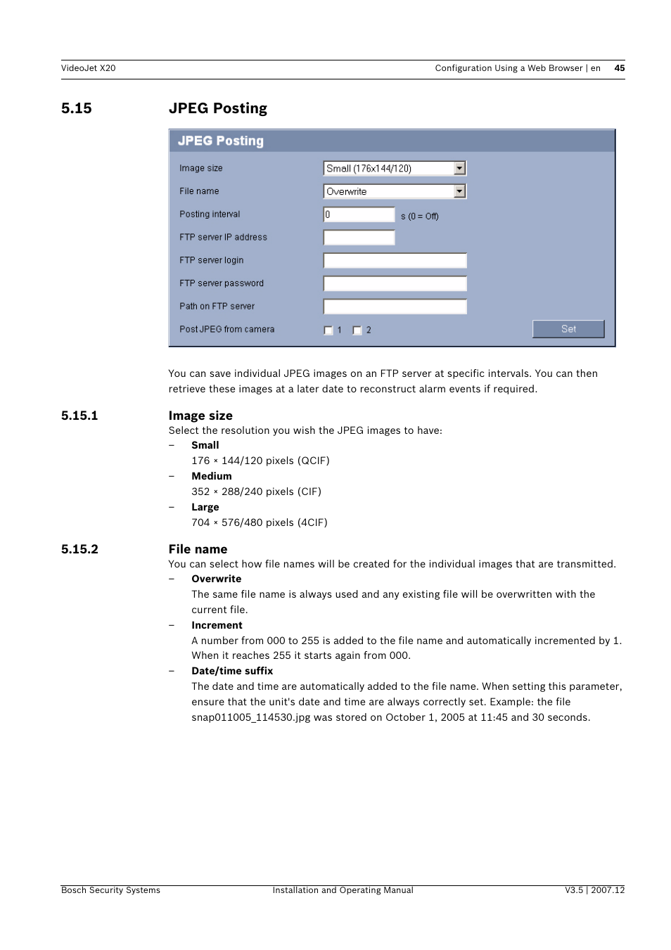 15 jpeg posting, Jpeg posting | Bosch VIDEOJET X20 User Manual | Page 45 / 130