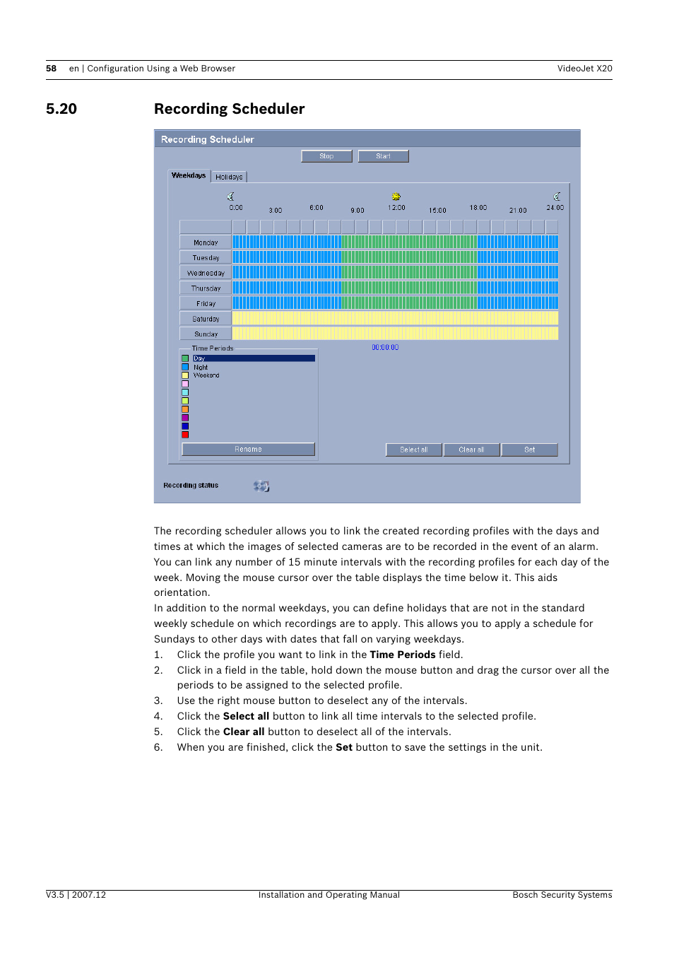 20 recording scheduler, Recording scheduler | Bosch VIDEOJET X20 User Manual | Page 58 / 130