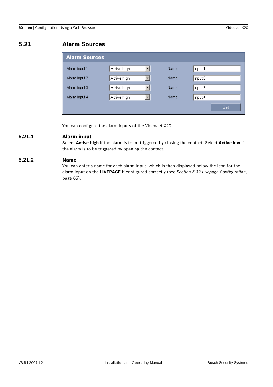 21 alarm sources, Alarm sources | Bosch VIDEOJET X20 User Manual | Page 60 / 130