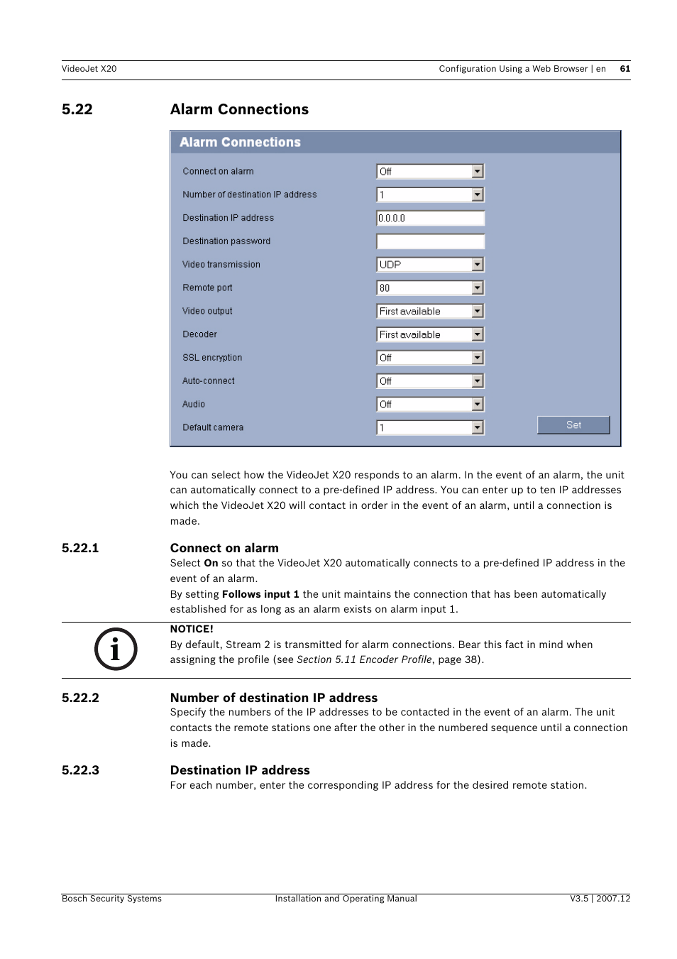 22 alarm connections, Alarm connections | Bosch VIDEOJET X20 User Manual | Page 61 / 130