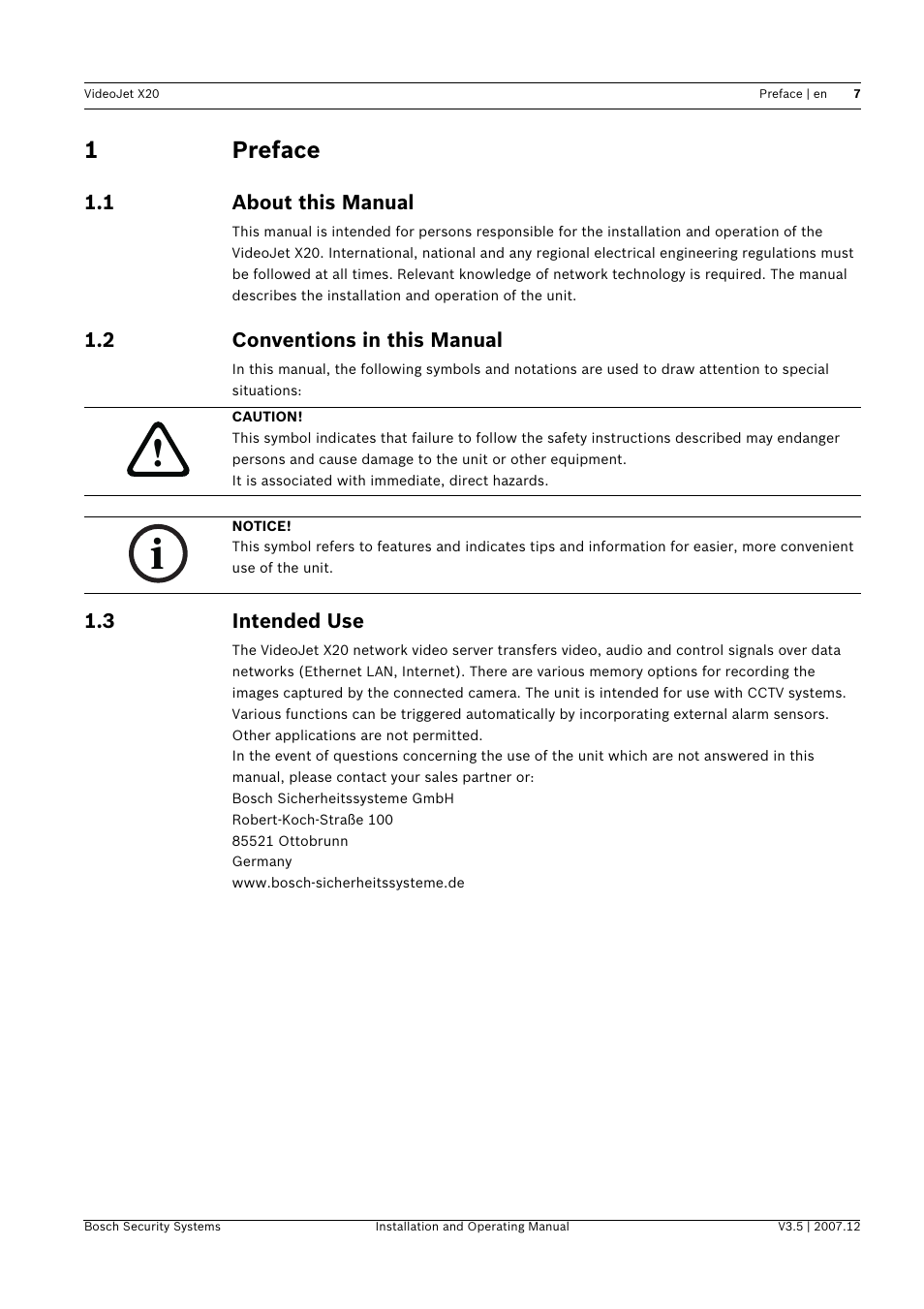 1 preface, 1 about this manual, 2 conventions in this manual | 3 intended use, Preface, About this manual, Conventions in this manual, Intended use, 1preface | Bosch VIDEOJET X20 User Manual | Page 7 / 130