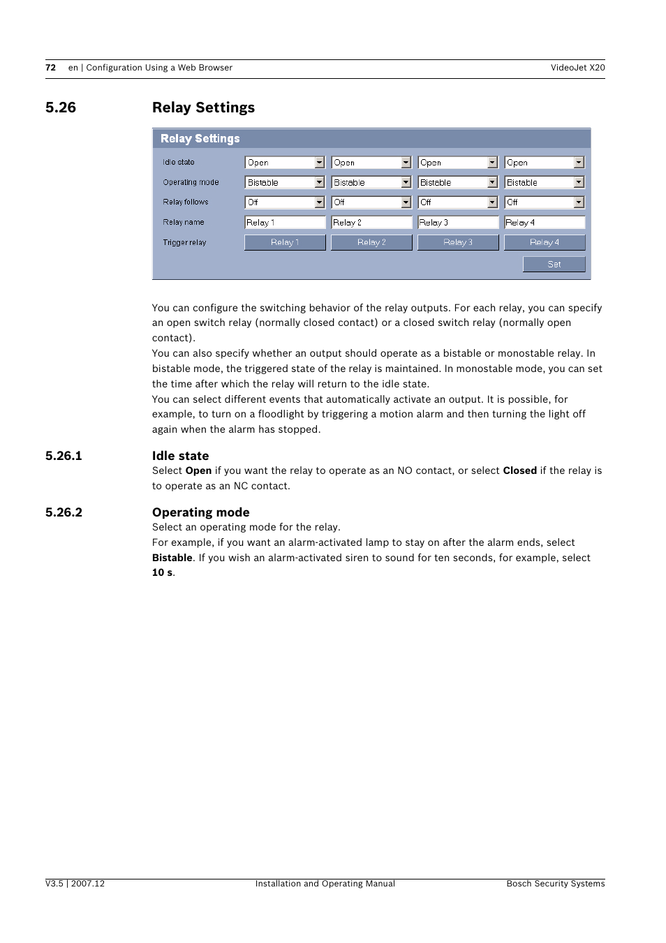 26 relay settings, Relay settings | Bosch VIDEOJET X20 User Manual | Page 72 / 130