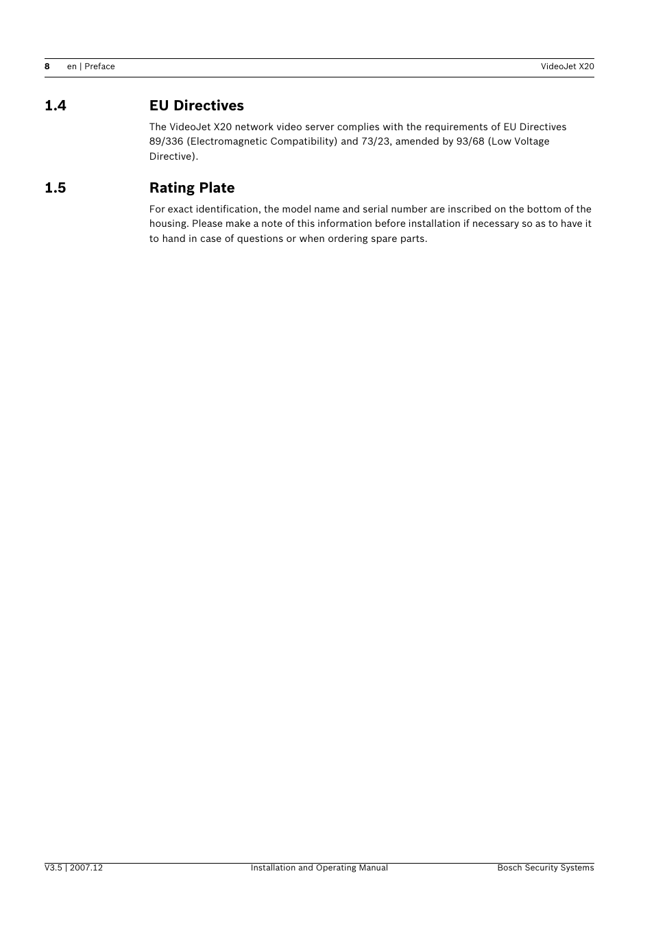 4 eu directives, 5 rating plate, Eu directives | Rating plate | Bosch VIDEOJET X20 User Manual | Page 8 / 130