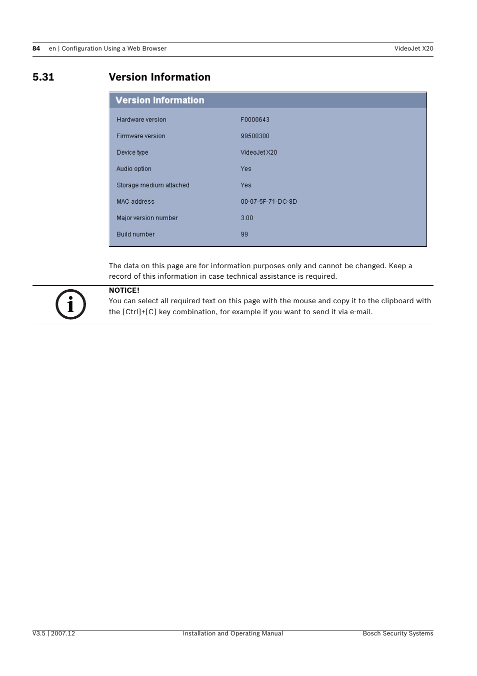 31 version information, Version information | Bosch VIDEOJET X20 User Manual | Page 84 / 130