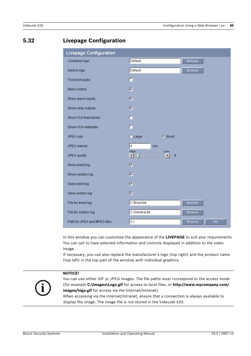 32 livepage configuration | Bosch VIDEOJET X20 User Manual | Page 85 / 130