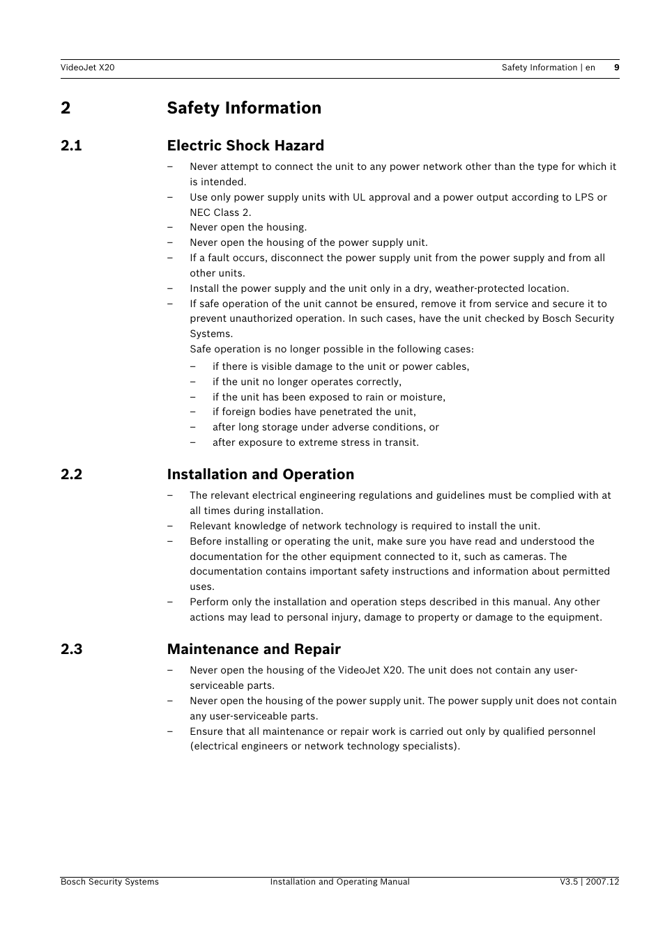 2 safety information, 1 electric shock hazard, 2 installation and operation | 3 maintenance and repair, Safety information, Electric shock hazard, Installation and operation, Maintenance and repair, 2safety information | Bosch VIDEOJET X20 User Manual | Page 9 / 130