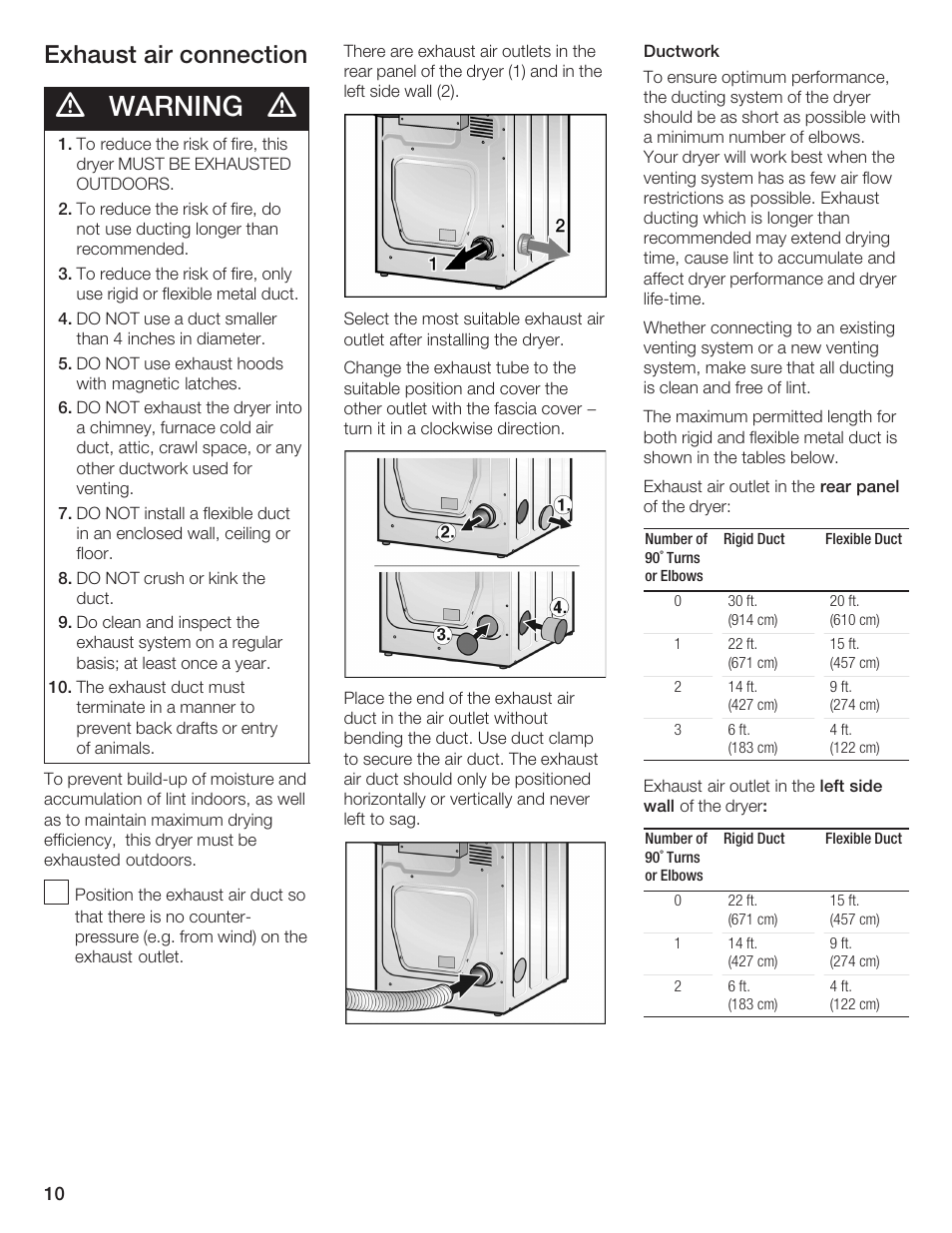 Warning, Exhaust air connection | Bosch WTA 4410 CN User Manual | Page 10 / 76