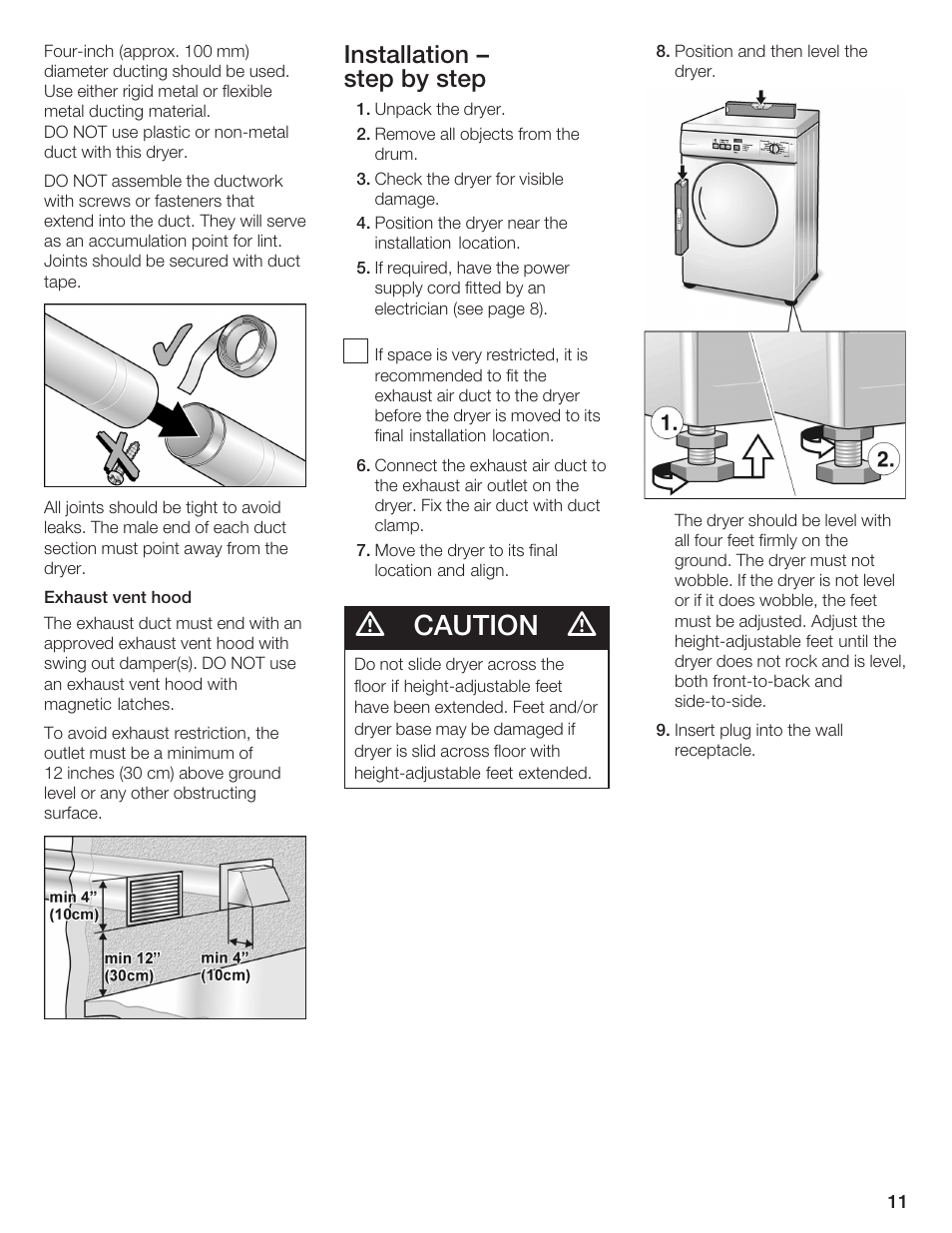 Caution, Installation ć step by step | Bosch WTA 4410 CN User Manual | Page 11 / 76