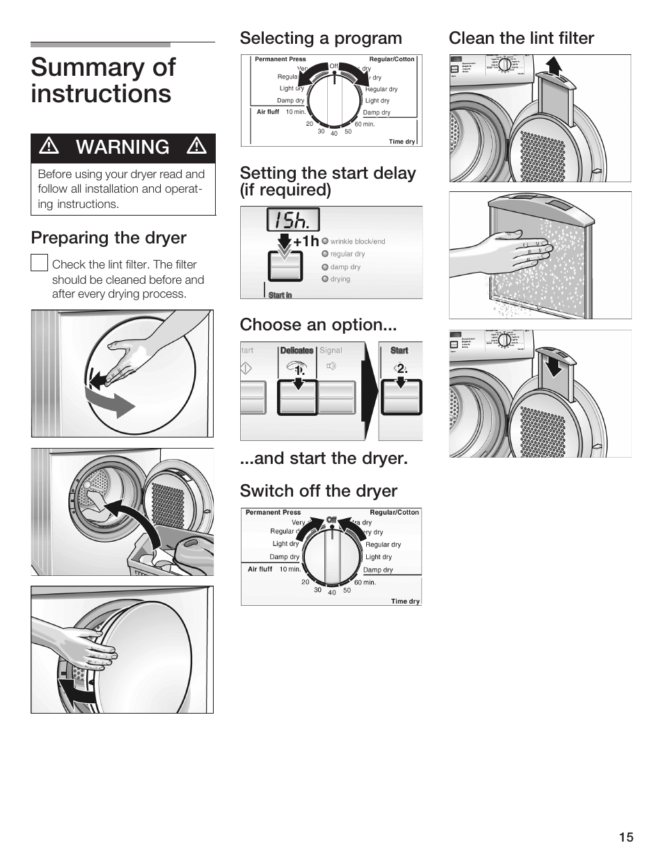 Summary of instructions, Warning | Bosch WTA 4410 CN User Manual | Page 15 / 76