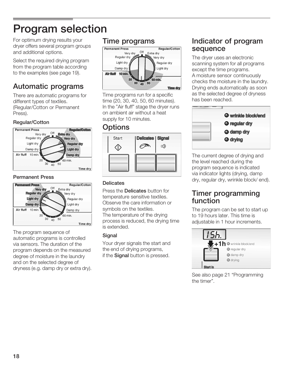 Program selection, Automatic programs, Time programs | Options, Indicator of program sequence, Timer programming function | Bosch WTA 4410 CN User Manual | Page 18 / 76