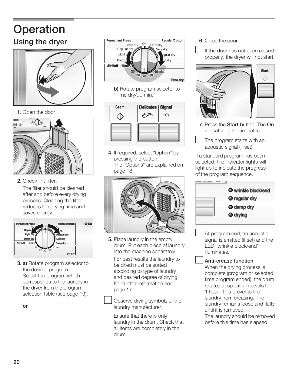 Operation, Using the dryer | Bosch WTA 4410 CN User Manual | Page 20 / 76