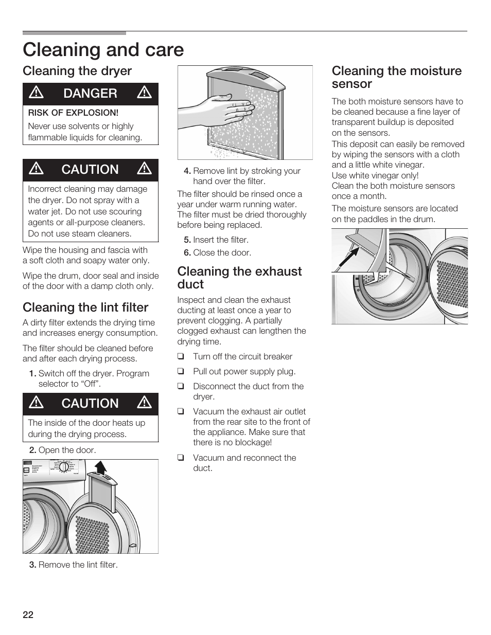 Cleaning and care, Cleaning the dryer, Danger | Caution, Cleaning the lint filter, Cleaning the exhaust duct, Cleaning the moisture sensor | Bosch WTA 4410 CN User Manual | Page 22 / 76